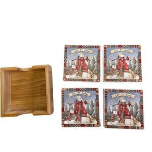 Vintage PSI "Let‎ It Snow" Tile Coasters w/Wooden Holder Set of 4 Excellent Cond